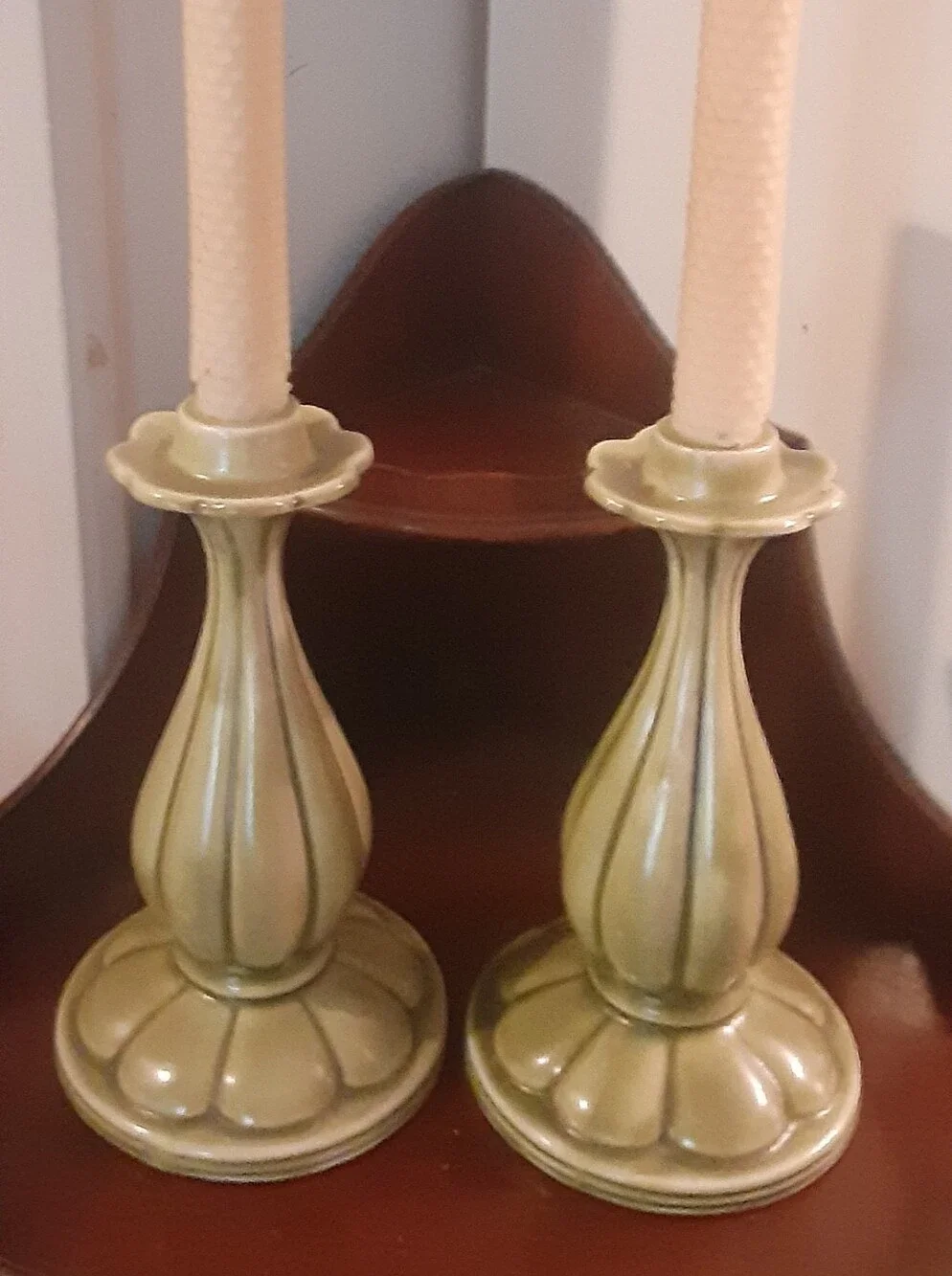 MCM California Pottery Olive Green Floral Ceramic Candlestick Pair ~ 9.25 